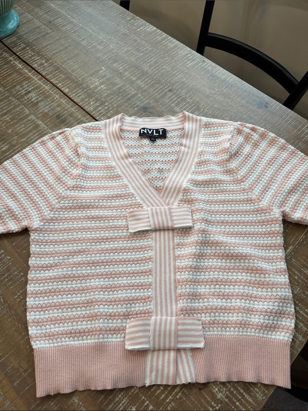 NVLT Pale Pink & White Striped V-Neck Knit Sweater with Front Tabs